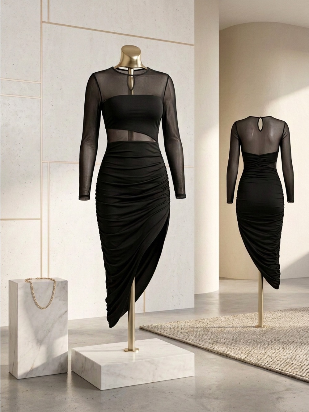 CUPSHE x JoJo Midnight Black Mesh Long Sleeve Asymmetrical Dress Medium M NWT